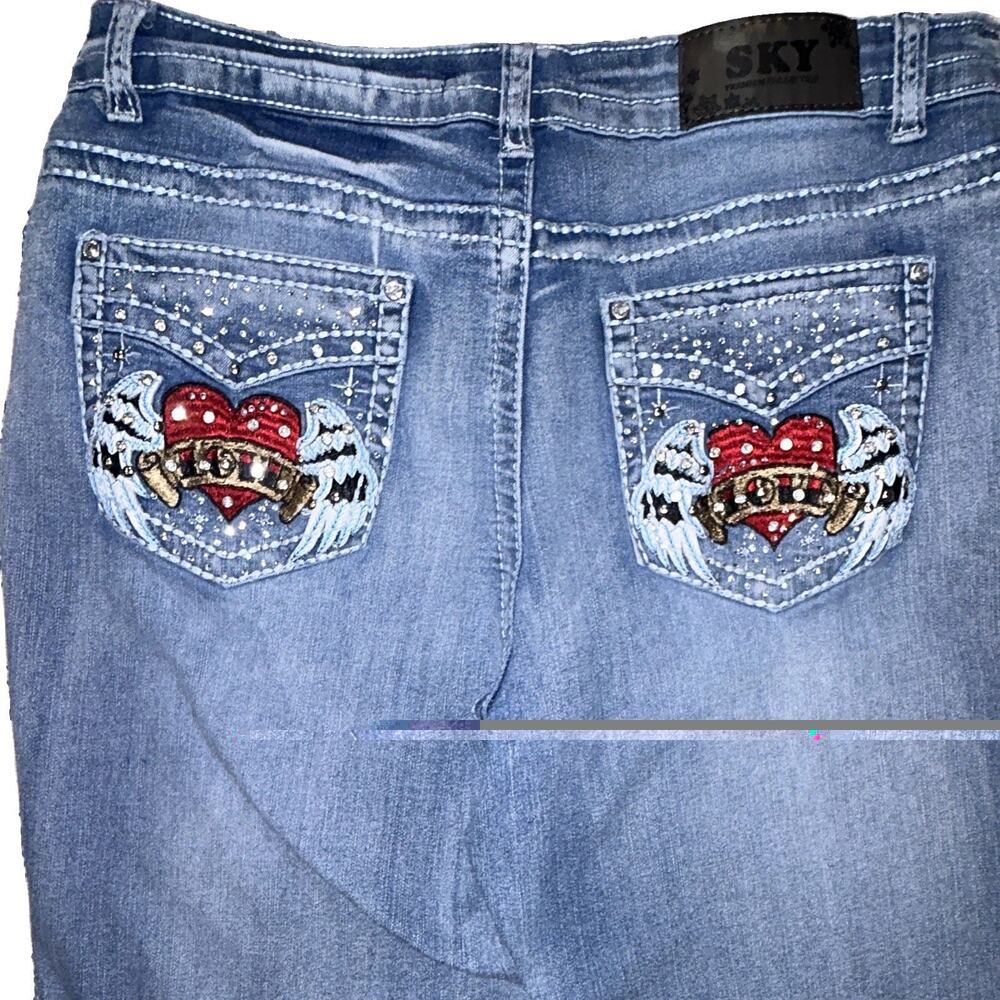 SKY Women's Bootcut Light Wash Blue Denim Jeans Embroidered Y2K rhinestones